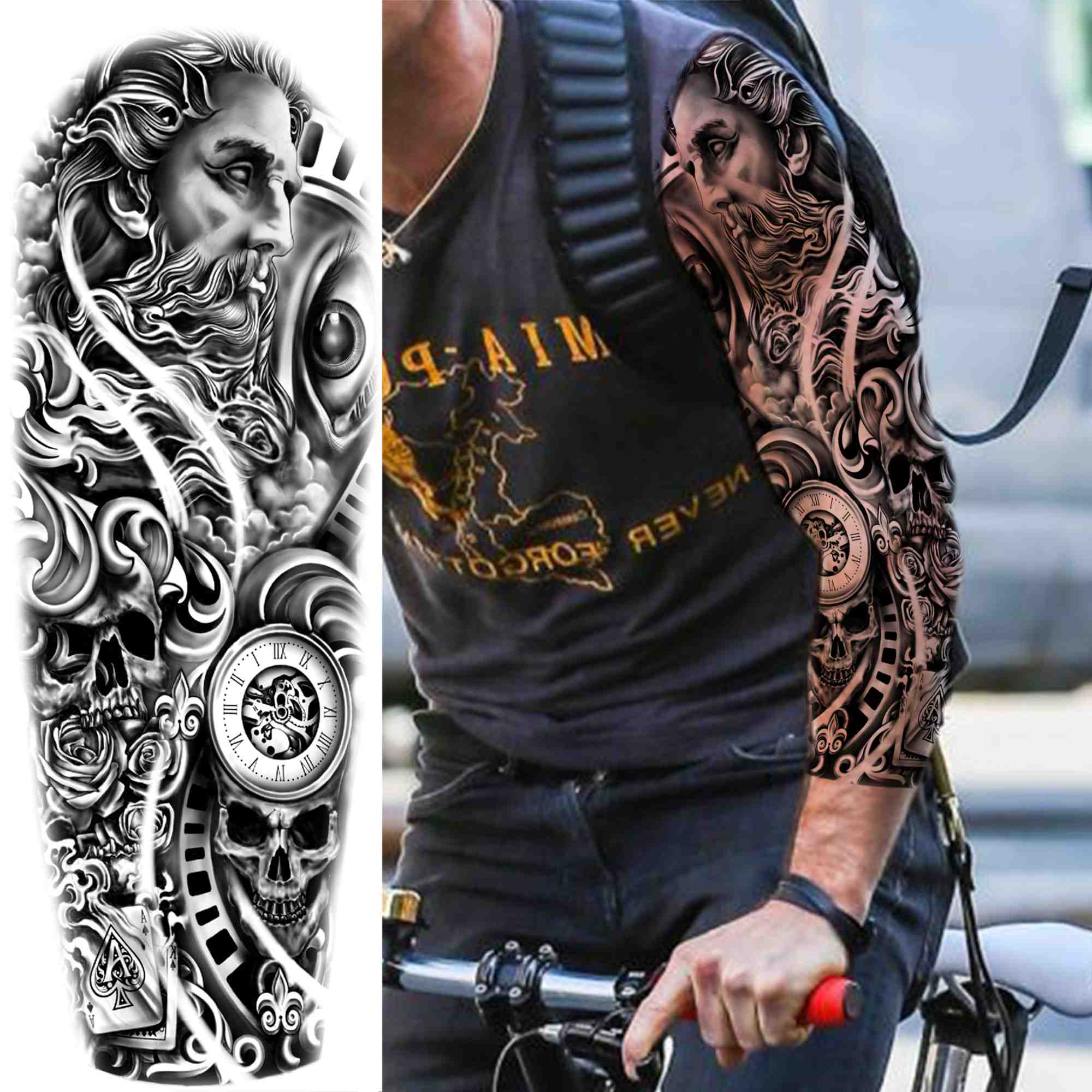 Qfdian gifts for men  Full Arm Evil Eye Temporary Tattoo Sticker For Men Women Realistic Skull Rose Flower Tatoos Body Art 3D Waterproof Fake Tattoos