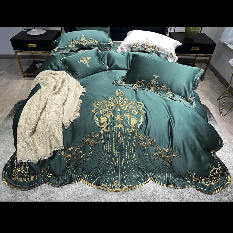 Qfdian Cozy apartment aesthetic hot sale new White Soft Satin Silk Cotton Gold Embroidery European Palace Bedding Set Double Duvet Cover Bed Linen Lace Bed Skirt Pillowcases