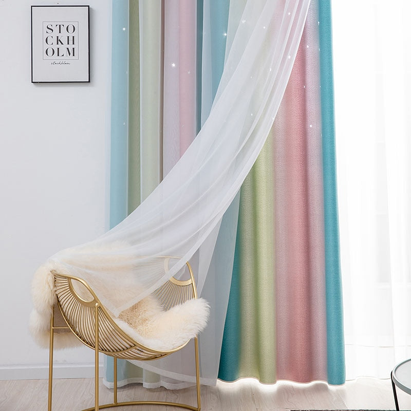 Qfdian Stars Tulle Curtains For Living Room Double Layer Blackout Curtain For Bedroom Kitchen Window Curtains Gradient Blinds Cloth