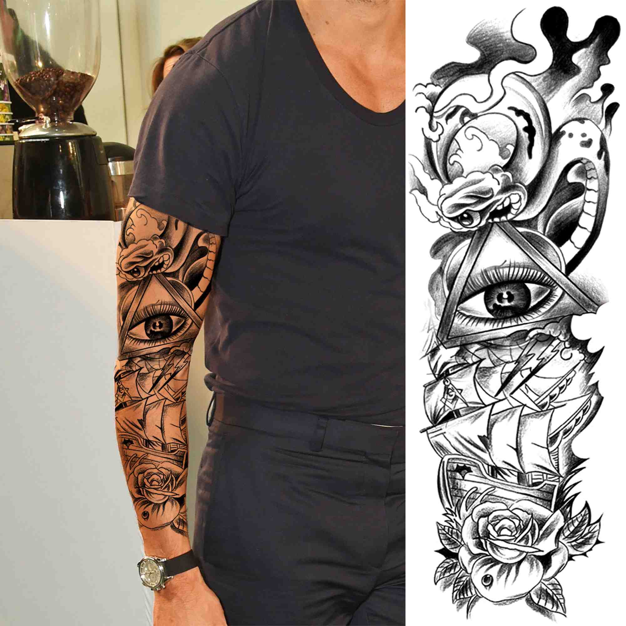 Qfdian gifts for men  Full Arm Evil Eye Temporary Tattoo Sticker For Men Women Realistic Skull Rose Flower Tatoos Body Art 3D Waterproof Fake Tattoos