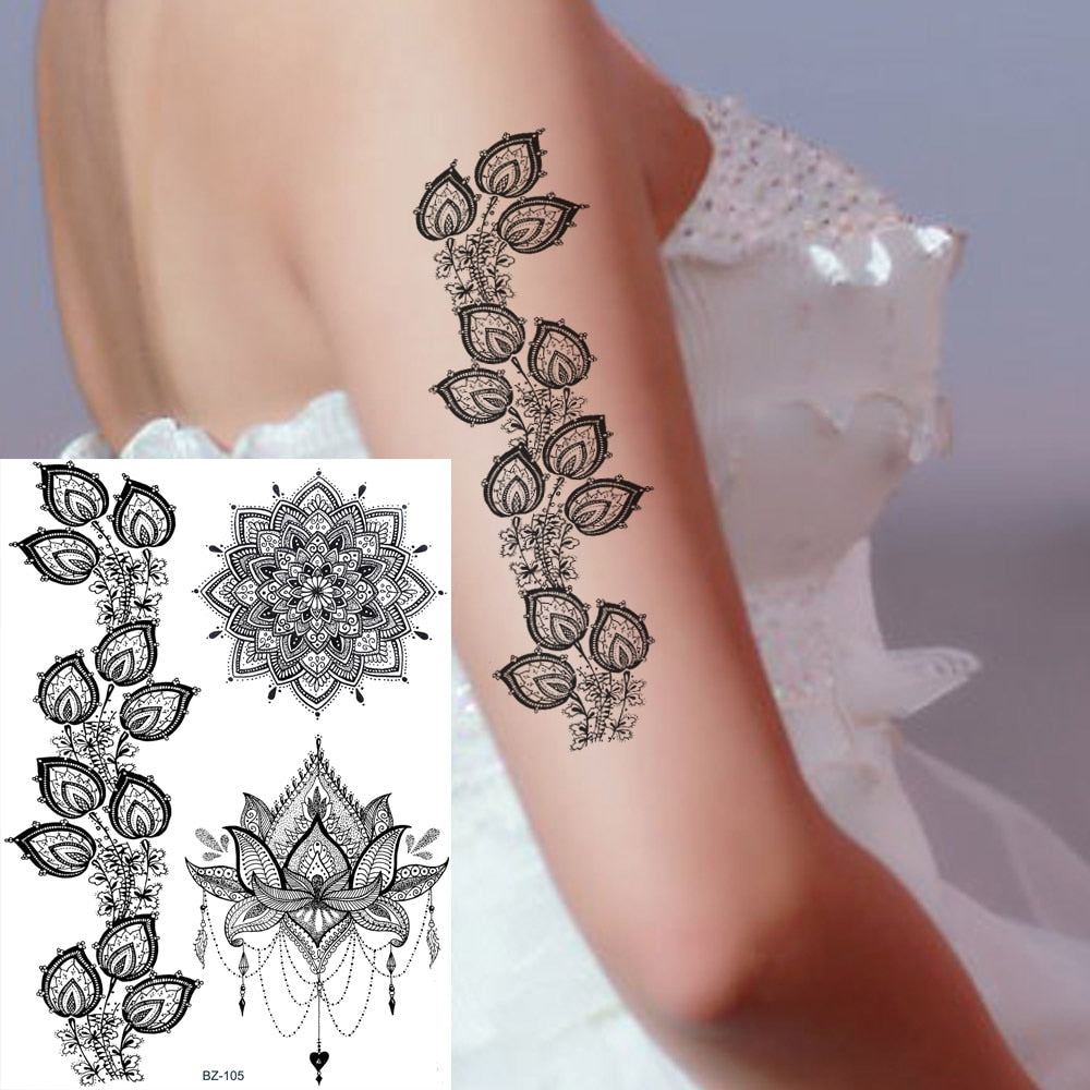 Black Henna Lace Temporary Tattoos Sticker For WOmen Butterfly Moth Mehndi Flower Fake Tatoo Sticker Feather Flora Tatoo