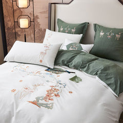 Embroidered Fairy Deer Bedding Set Soft Washed Cotton Bed Sheet Pillowcase Duvet Cover Set 4Pcs(Queen King Size,White and Green)