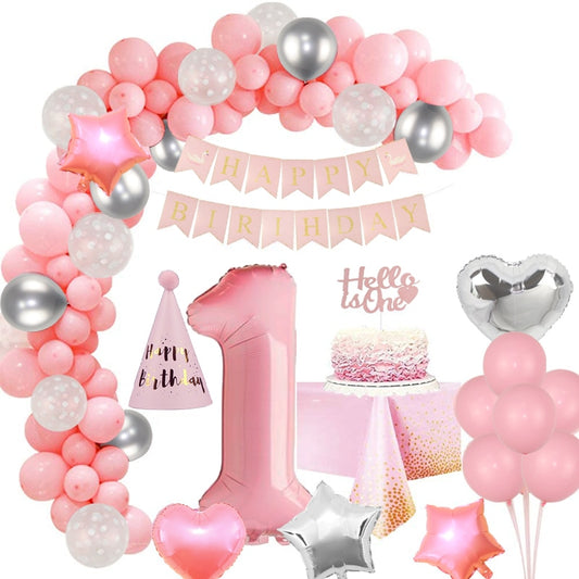 Qfdian Party decoration 44Pcs/Set Pink First Birthday Girl Party Balloon Garland Banner Cake Topper Tablecloth Hat 1st Birthday Decoration For Baby Girl