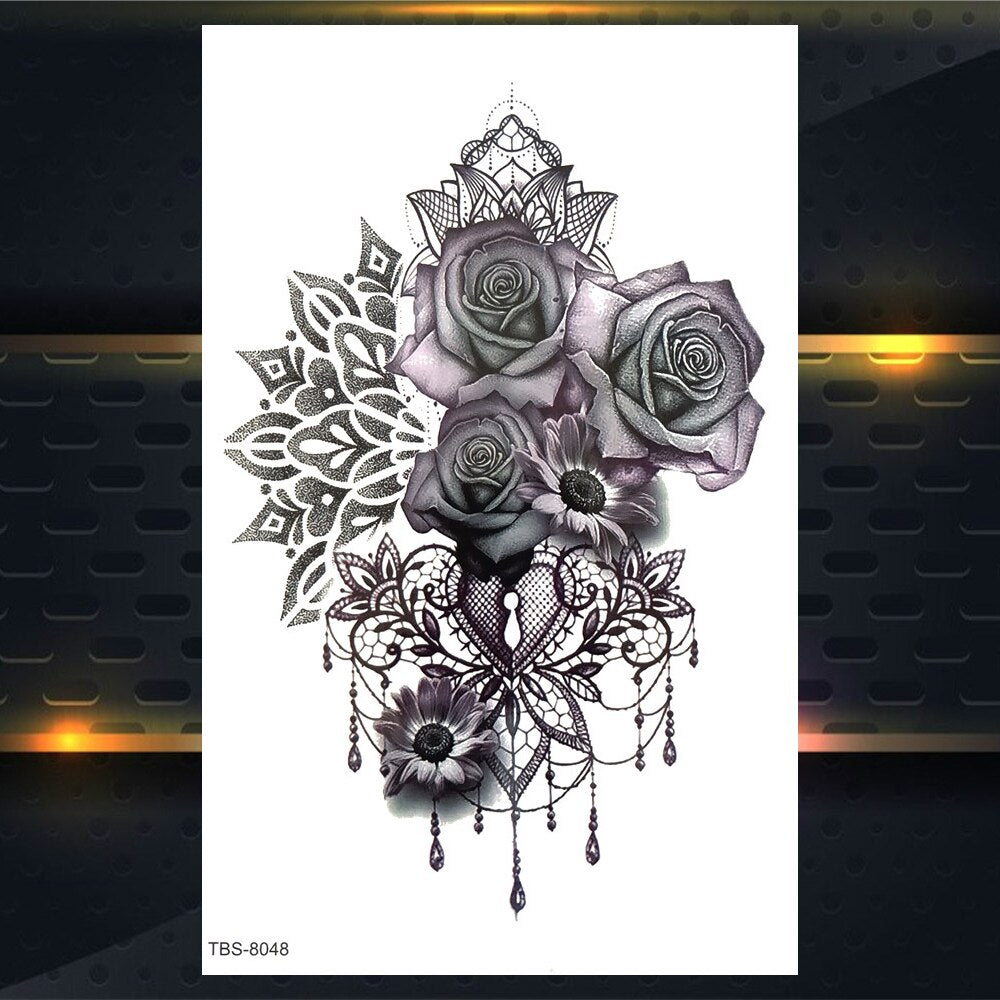 Qfdian gifts for women hot sale new Sexy Mehndi Temporary Tattoos For Women Female Black Rose Flower Fake Tattoo Sticker Hand Jasmine Camellia Branch Tatoo Pendants