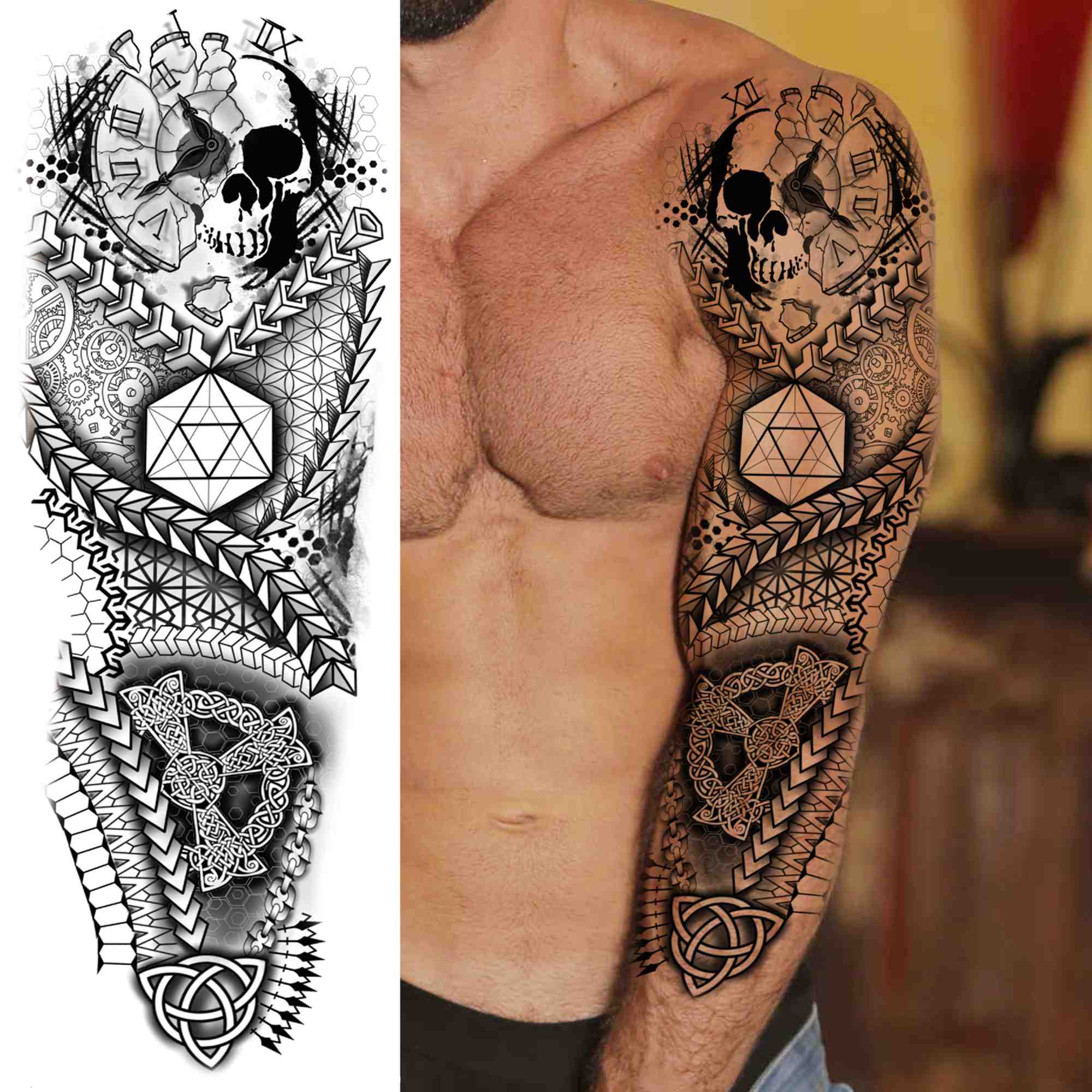 Qfdian gifts for men  Full Arm Evil Eye Temporary Tattoo Sticker For Men Women Realistic Skull Rose Flower Tatoos Body Art 3D Waterproof Fake Tattoos