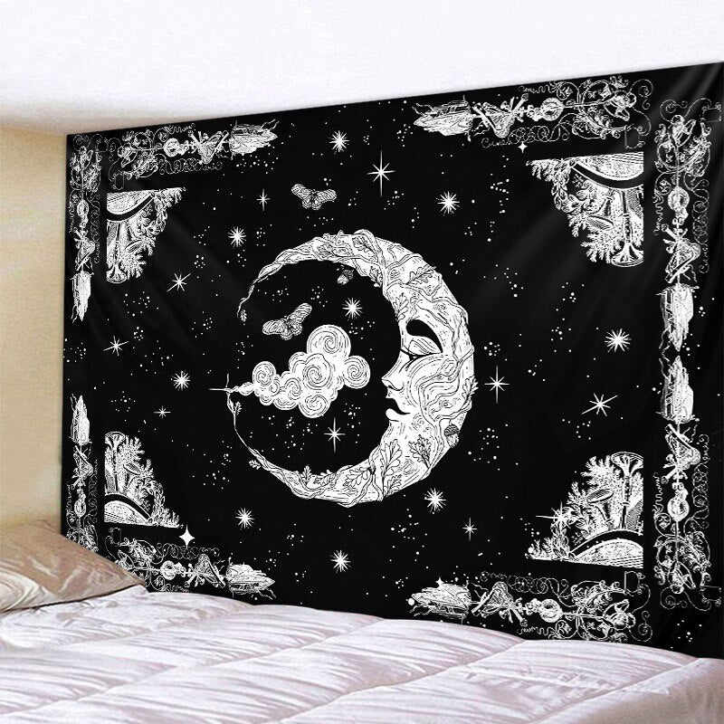 Black and white moon Mandala tapestry Bohemian decoration wall hanging bedroom psychedelic scene starlight art home decoration