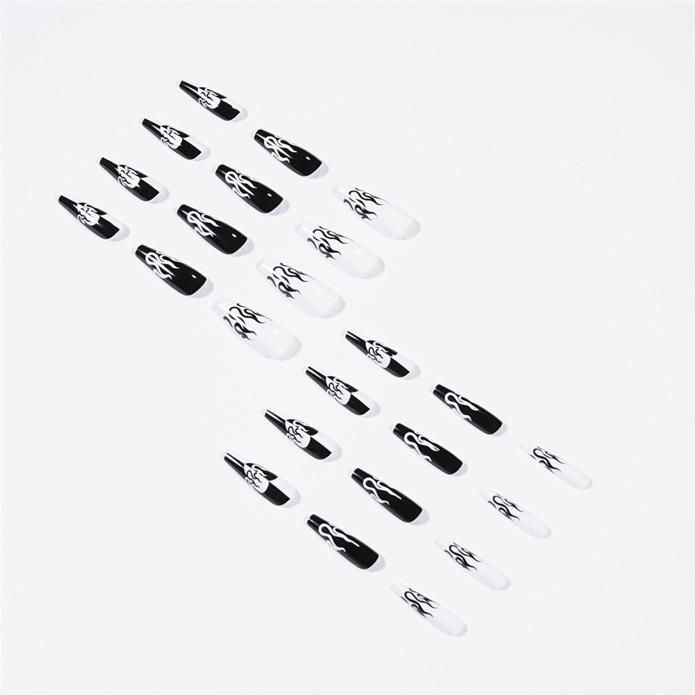 QFDIAN 24Pcs Long Coffin False Nails Black White Cool Girl Artificial Ballerina Fake Nails With Glue Full Cover Nail Tips Press On Nail