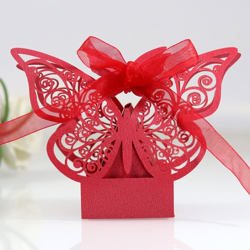 Qfdian 10/50/100pcs Butterfly Laser Cut Hollow Carriage Favors Gifts Box Candy Boxes With Ribbon Baby Shower Wedding Party Supplies