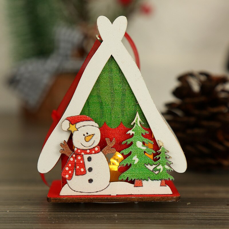 Qfdian Christmas Decorations, Wooden Luminous Colored Small House 14cm, Home Living Room Wall Hanging, Christmas Tree Dress Up Supplies