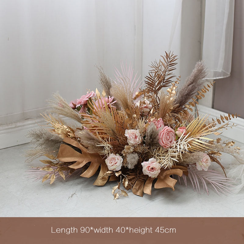 Qfdian Natural Dried Pampas Grass Gold Leaf Artificial Rose Flower Row Arrangement Wedding Props Arch Backdrop Deco Wall Hanging Floral