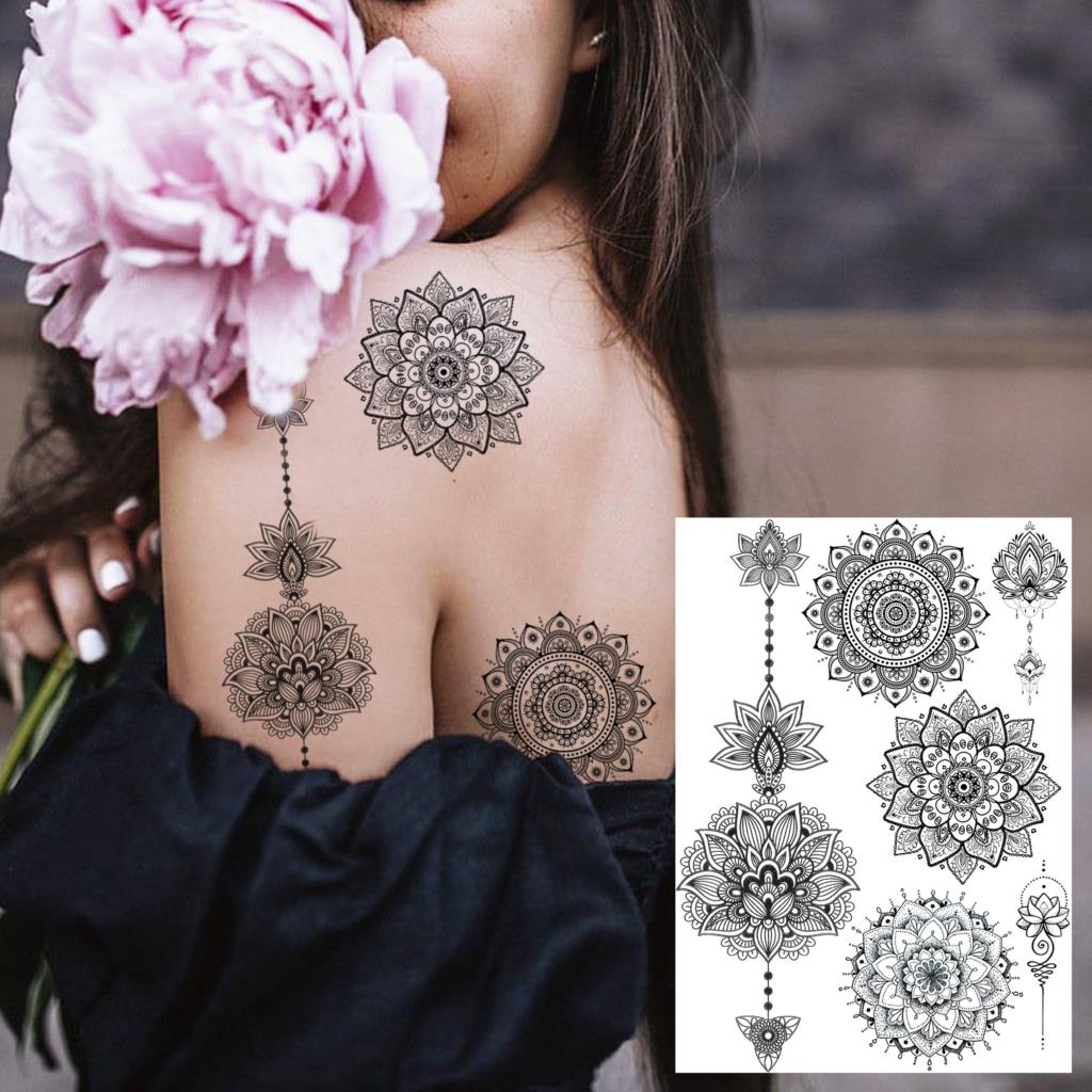 Black Henna Lace Temporary Tattoos Sticker For WOmen Butterfly Moth Mehndi Flower Fake Tatoo Sticker Feather Flora Tatoo