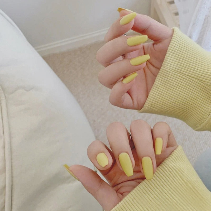 QFDSIAN 24pcs/box Full Cover fake Press on Nails Matte Yellow Pure Acrylic Frosted Ballerina acrylic for nails for Women free shipping