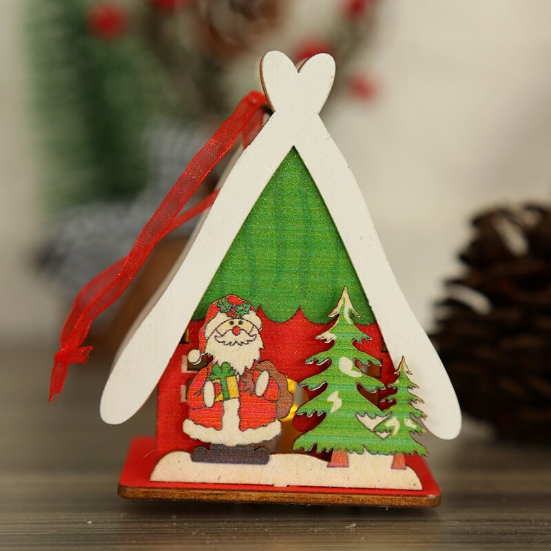 Qfdian Christmas Decorations, Wooden Luminous Colored Small House 14cm, Home Living Room Wall Hanging, Christmas Tree Dress Up Supplies