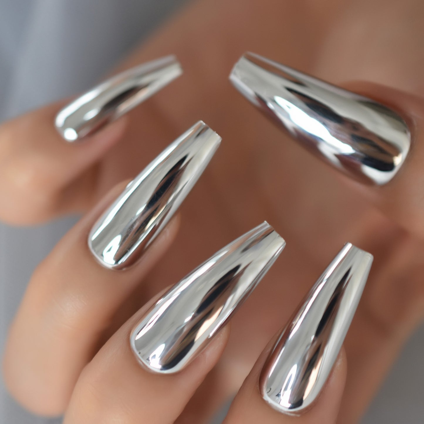 QFDIAN Metallic Coffin Nail Tips False Nails Long Ballerina Gold Mirror Fake Nails Press On Full Set For Fingernail Decorations