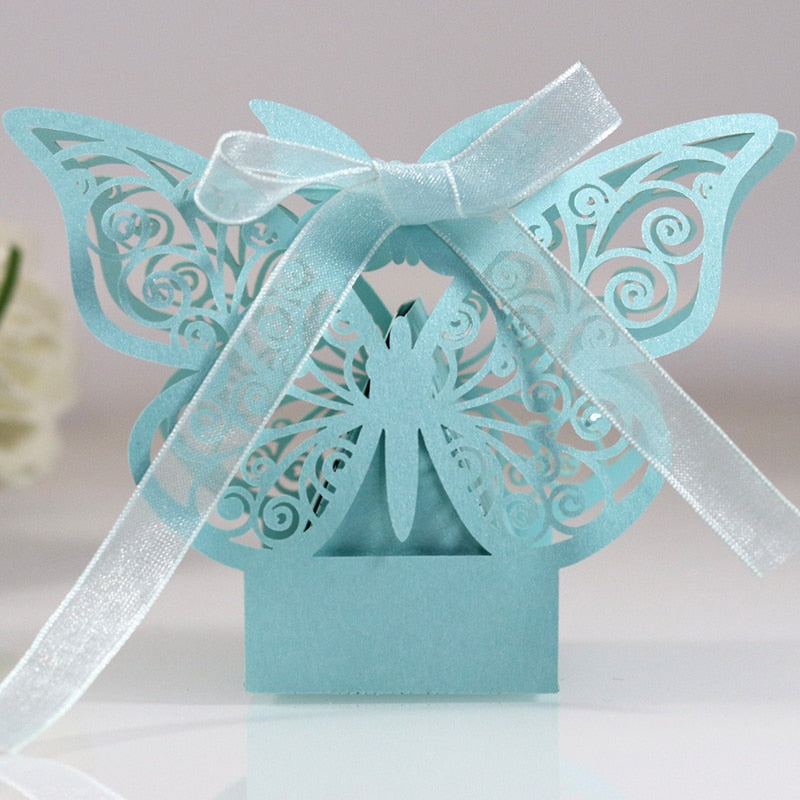 Qfdian 10/50/100pcs Butterfly Laser Cut Hollow Carriage Favors Gifts Box Candy Boxes With Ribbon Baby Shower Wedding Party Supplies