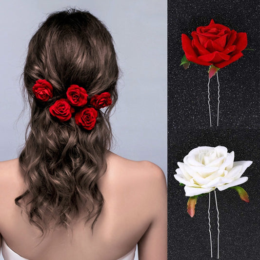 Qfdian gifts for women hot sale new U Shaped Red Rose Flower Hairpins Clips Headpieces Bride Wedding Hair Forks Decor Headdress Handmade Party Hair Accessories