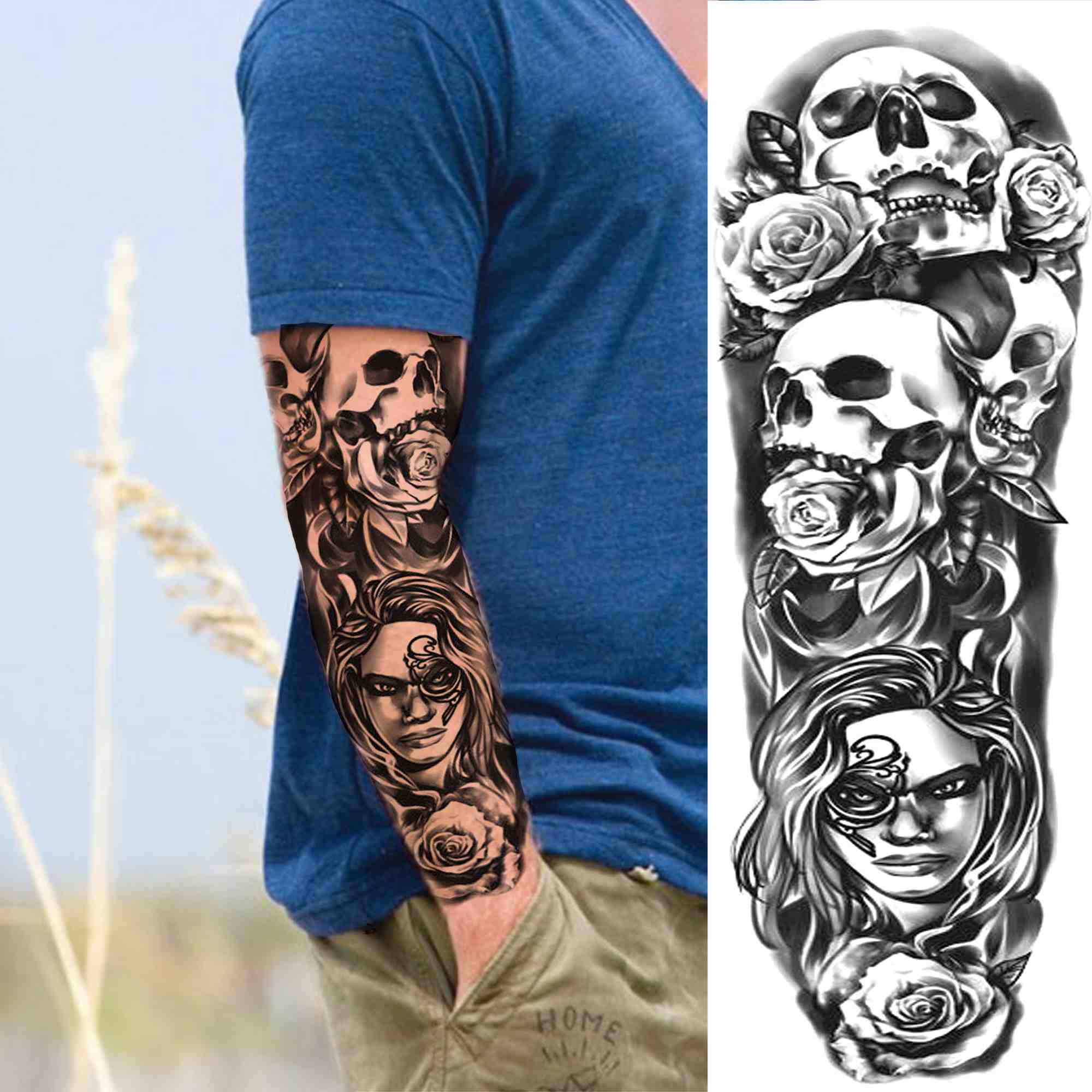 Qfdian gifts for men  Full Arm Evil Eye Temporary Tattoo Sticker For Men Women Realistic Skull Rose Flower Tatoos Body Art 3D Waterproof Fake Tattoos