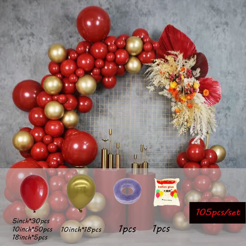 Qfdian valentines day decorations for the home 105pcs 5/10/18inch Ruby Red Wedding Balloon Arch Kit Chrome Gold Latex Balloons Garland Birthday Vanltine's Day Party Decor Ball