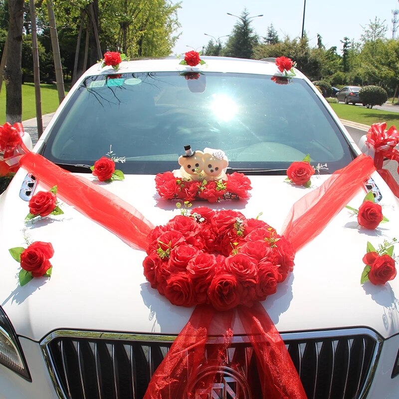 Qfdian Party decoration Wedding Car Simulation Flowers Decoration Set Bride To Be Team Car Head Flower Romantic Wedding Car Decoration