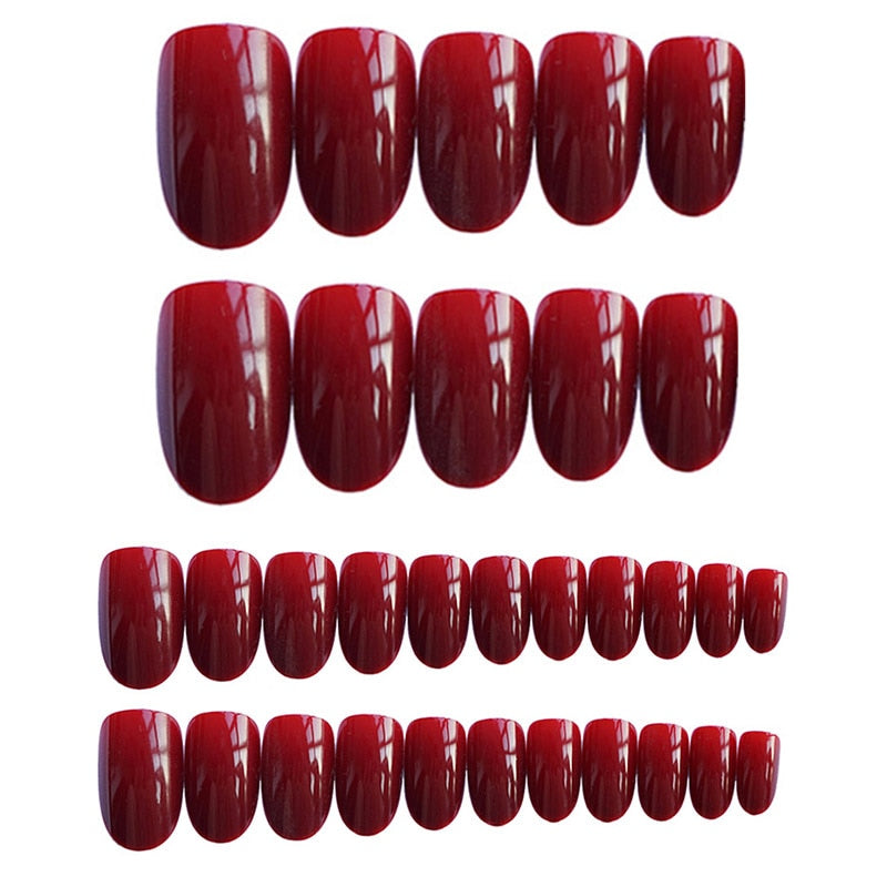 24pcs/box False Nails With Glue Mid-length Round Head Vintage Wine Red Fashion Artificial Nail Press On Fake Nail Art Decoration