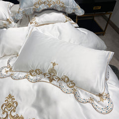 Qfdian Cozy apartment aesthetic hot sale new White Soft Satin Silk Cotton Gold Embroidery European Palace Bedding Set Double Duvet Cover Bed Linen Lace Bed Skirt Pillowcases