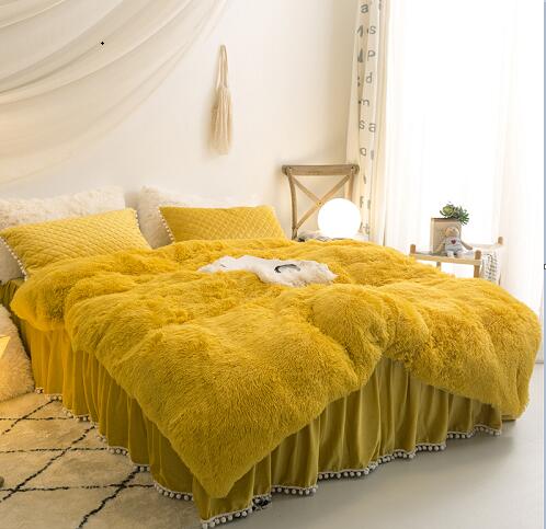 Luxury Plush Shaggy Duvet Cover Set Quilted Pompoms Fringe Ruffles Bedskirt Pillow Shams Bedding Set Twin Full Queen King 4/6PCS