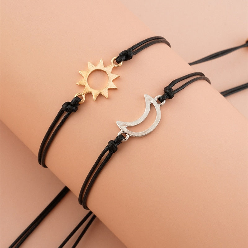 Qfdian Party decoration 2 PCS/Set Couple Bracelet For Women Lover Sun Moon Star Heart Handmade Braided Rope Charm Friendship Valentines Day Jewelry Gift