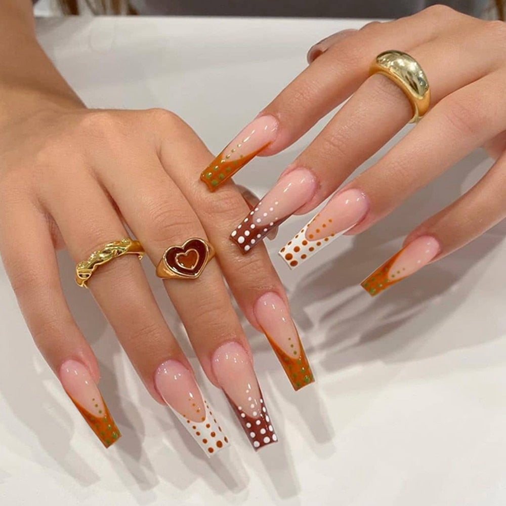 Qfdian fall gel nails brown chrome nails dope nail designs trendy nails Pink Cow Design False Nail French Full Cover Long Coffin Fake Nails Glue DIY Manicure Nail Art Tools press on nails nail tips