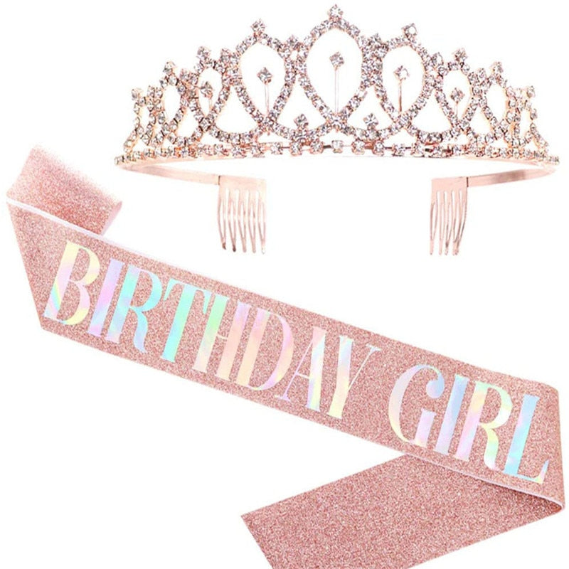 Qfdian Party decoration valentines day 18 30 40 50 60 Happy Birthday Girl Queen Sash Crystal Crown Headband Birthday Party Decoration Adult Anniversary Party Ornaments