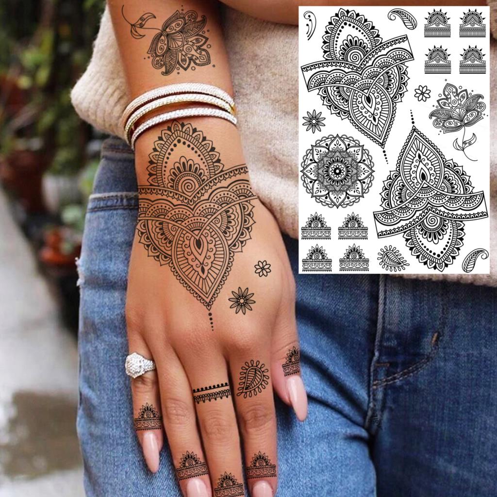 Black Henna Lace Temporary Tattoos Sticker For WOmen Butterfly Moth Mehndi Flower Fake Tatoo Sticker Feather Flora Tatoo