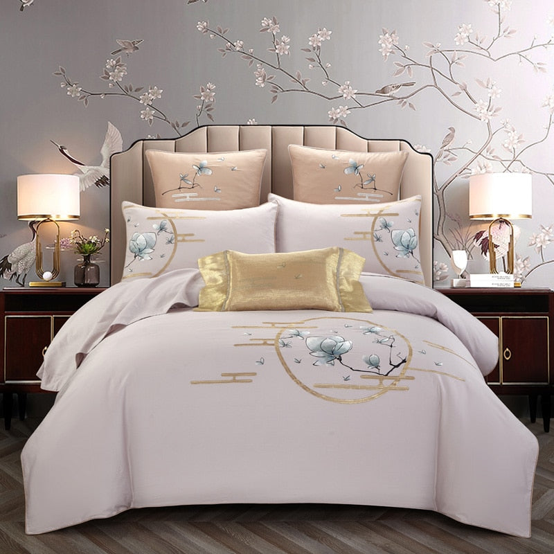 Chinese Style Landscape Scenery Embroidered 300TC Egyptian Cotton 4pcs Bedding Set Duvet Cover Set (Queen King Size,2 Types)