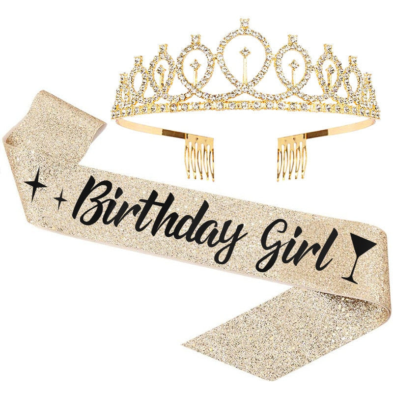 Qfdian Party decoration valentines day 18 30 40 50 60 Happy Birthday Girl Queen Sash Crystal Crown Headband Birthday Party Decoration Adult Anniversary Party Ornaments