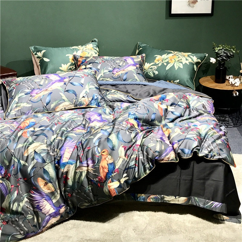 600TC Egyptian Cotton Flower Bird Digital Printing Bedding Sets 4pcs Bed Linen Duvet Cover Set Luxury Bed Sheets Pillowcases #s