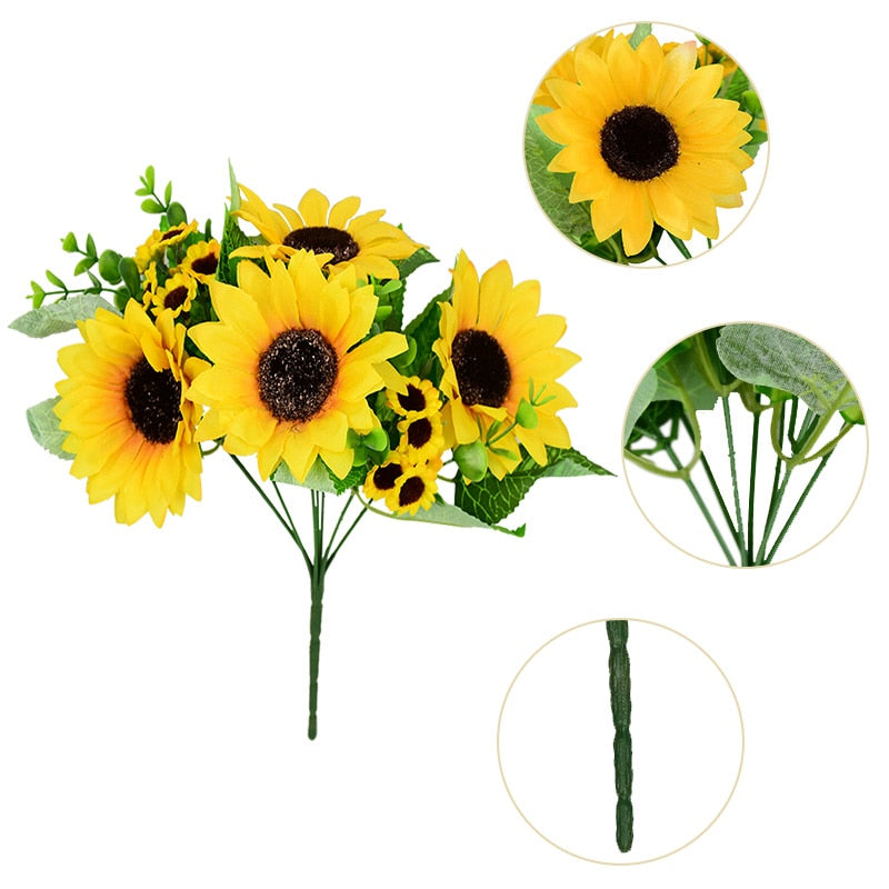 Qfdian halloween decorations christmas decorations 7 Branch Artificial Sunflower Bouquet Silk Sunflower Fake Flower DIY Wedding Bouquets Centerpieces Arrangements Party Home Decor