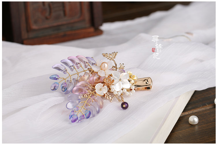 Qfdian  Handmade Wisteria flower Hair Clip Kanzashi Hair accessories Hanfu headdress Ancient style Pearl Hairpin Gradient Duckbill clip