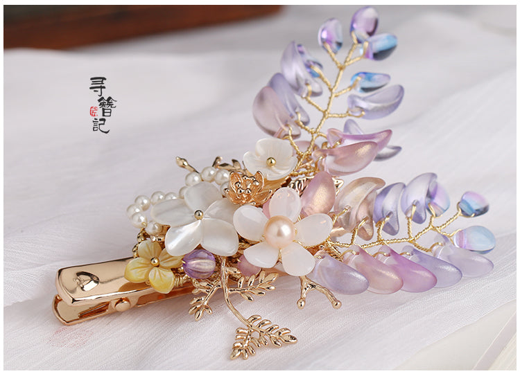 Qfdian  Handmade Wisteria flower Hair Clip Kanzashi Hair accessories Hanfu headdress Ancient style Pearl Hairpin Gradient Duckbill clip