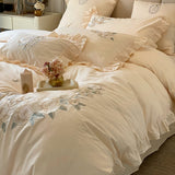 Winter Brushed Pure Cotton Embroidered Flowers Bedding Set Warmer Bed Sheet Pillowcases Duvet Cover Set 4pcs for Winter Home