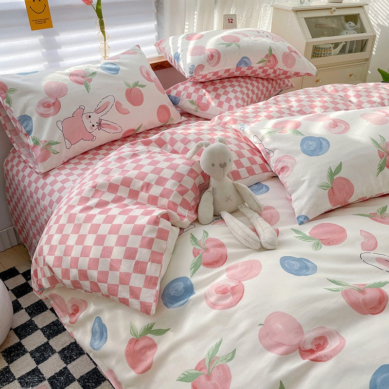 Cotton Bedding Set Pastoral Style Floral Bear Fitted Sheet Duvet Cover Pillowcase Fashion Cartoon Boy Girls Dormitory Bedclothes