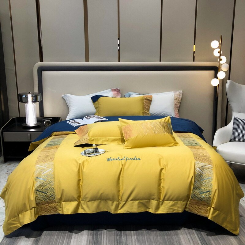 High End 100s Long Staple Cotton Bedding Set Queen Embroidery 100% Cotton Duvet Cover Set with Bed Sheets Quilt Cover Pillowcase