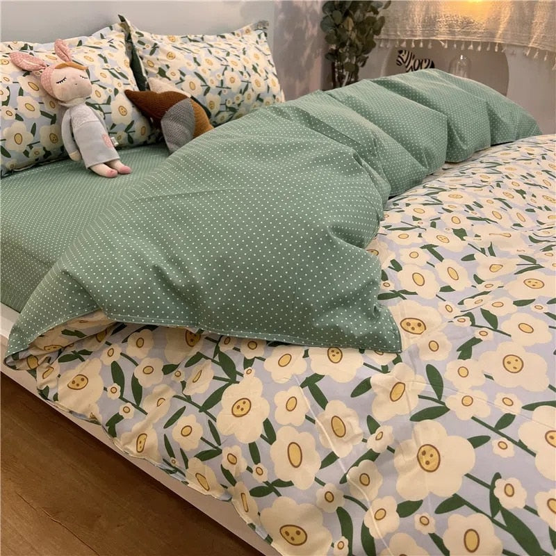 Cute Rabbit Bedding Set with Duvet Cover Flat Sheet Pillowcases Twin Double Queen Size Bed Linen Floral Home Textile