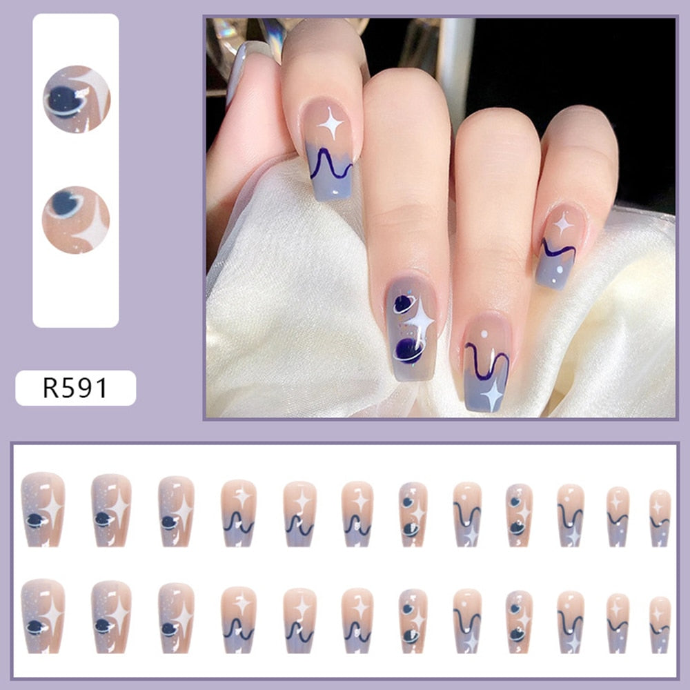 24pcs Gradient False Nails Cute Star Printed Design Fake Nail Short Square Faux Ongles Manicure Nail Stickers Press On Nail Tips