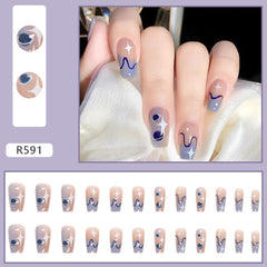 24pcs Gradient False Nails Cute Star Printed Design Fake Nail Short Square Faux Ongles Manicure Nail Stickers Press On Nail Tips