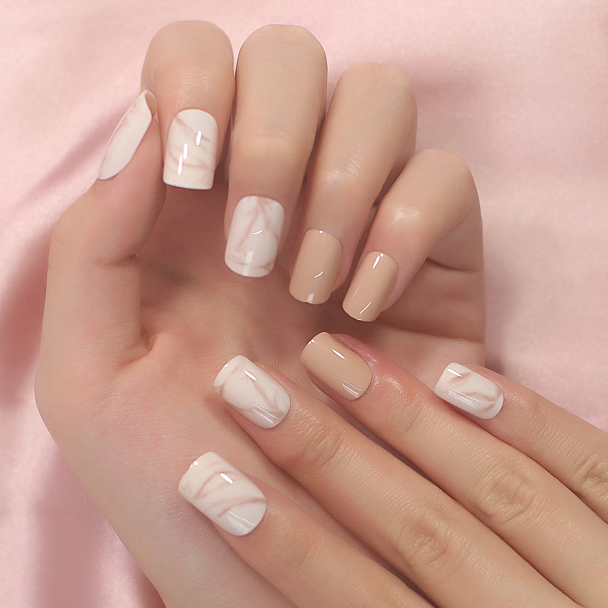 Qfdian Natural Nude Color Press On Nails Marble White Artificial False Nails Square Short Glossy Pattern Tips with Glue Sticker