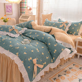 Ins Fashion Solid Bedding Set with Fitted Bed Sheet Cute Princess AB Double Sided Ruffle Quilt Cover Pillowcase Full Queen King