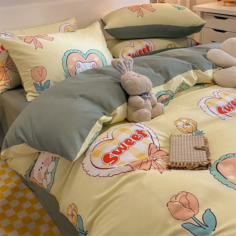 Qfdian Four Piece Bedding Set Cartoon Printed Cotton Bedsheets Set with Pillows Case Quilt Cover Three Piece Suit Home Textiles