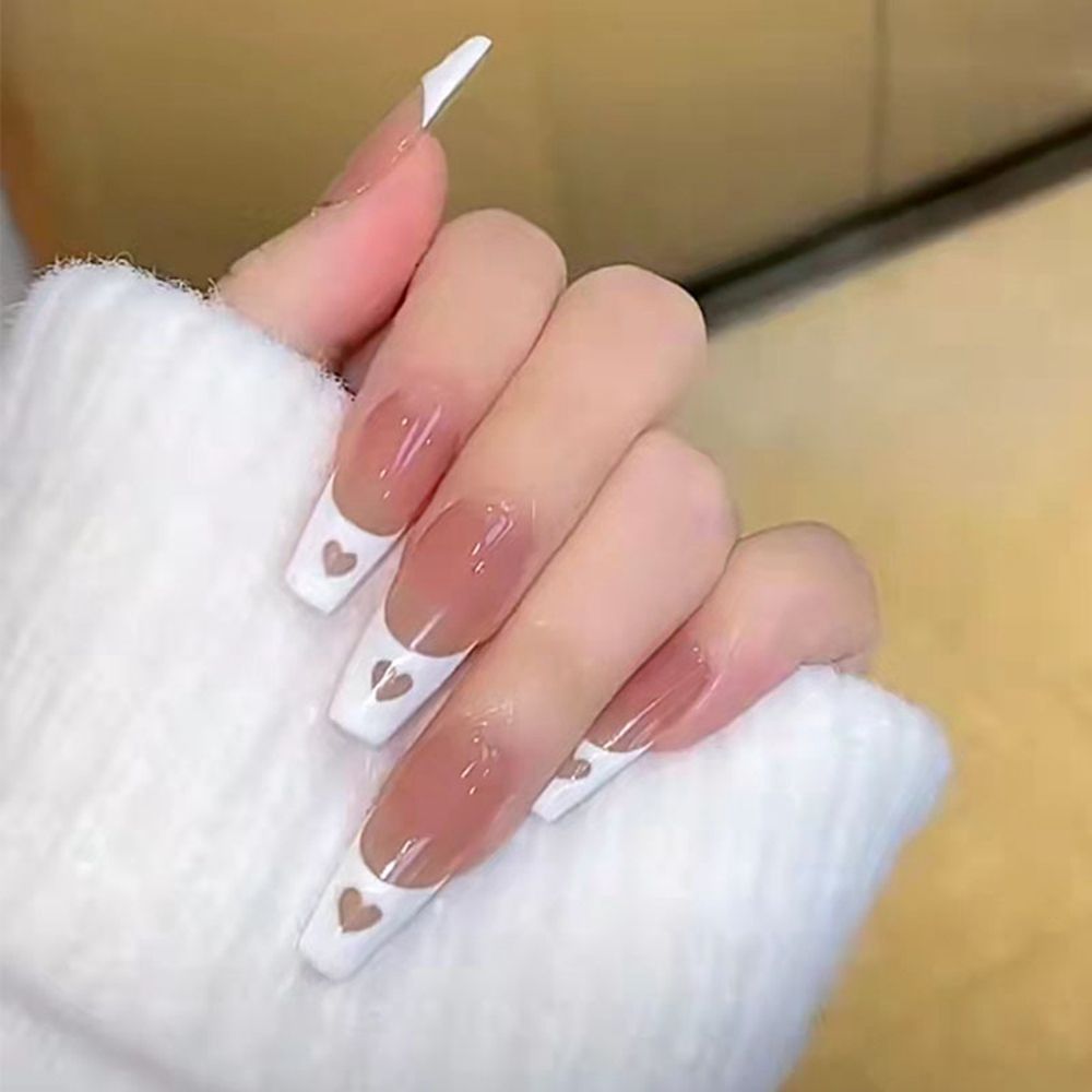 24PCS/Box 2023 New Artificial Nails With Glue Milky White Pink Gradients Long Ballet Full Cover Acrylic Nail Stick Fake Nail Tips