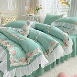 INS Korean Embroidery Ruffles Lace Bed Skirt Bedding Set Princess Girls Duvet Cover Pillowcase Solid Color Quilt Over Decor Home