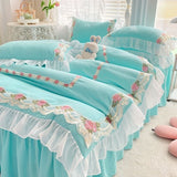 INS Korean Embroidery Ruffles Lace Bed Skirt Bedding Set Princess Girls Duvet Cover Pillowcase Solid Color Quilt Over Decor Home
