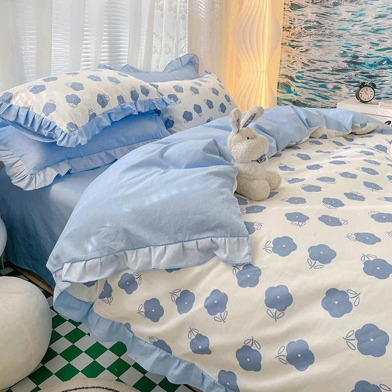 Lovely 100% Pure Cotton Bedding Set Full Size Cute Ruffles Single Doubel Duvet Cover Set Princess Girls Woman Cozy Bedding Sets