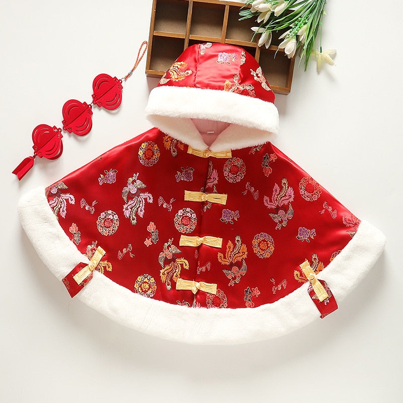 Tang Suit Baby Cloak Children's Chinese Top New Year's Wear Festive Windproof Plus Velvet Hooded Cloak Thickened Warm Bucket